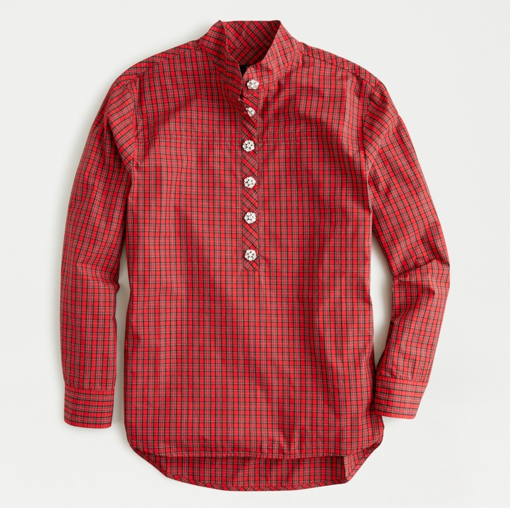 J. Crew Red Plaid Jeweled Button Popover Tunic